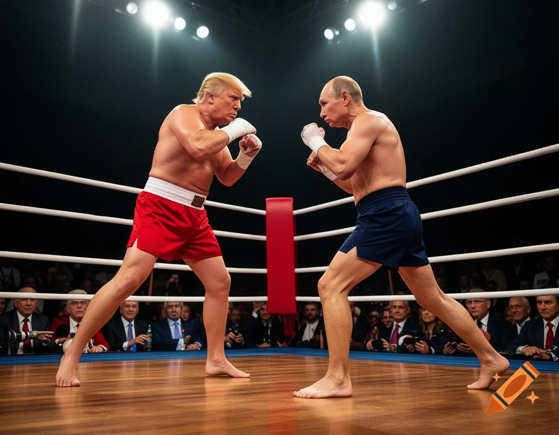 Photorealistic image of Donald Trump and Vladimir Putin in a boxing ring, shirtless and wearing shorts, facing each other in fighting stances.