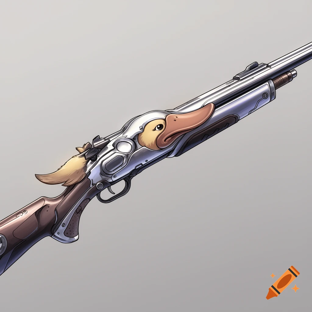 An anime-style rifle featuring a platypus head and tail details, made of metal and wood, set against a plain background.