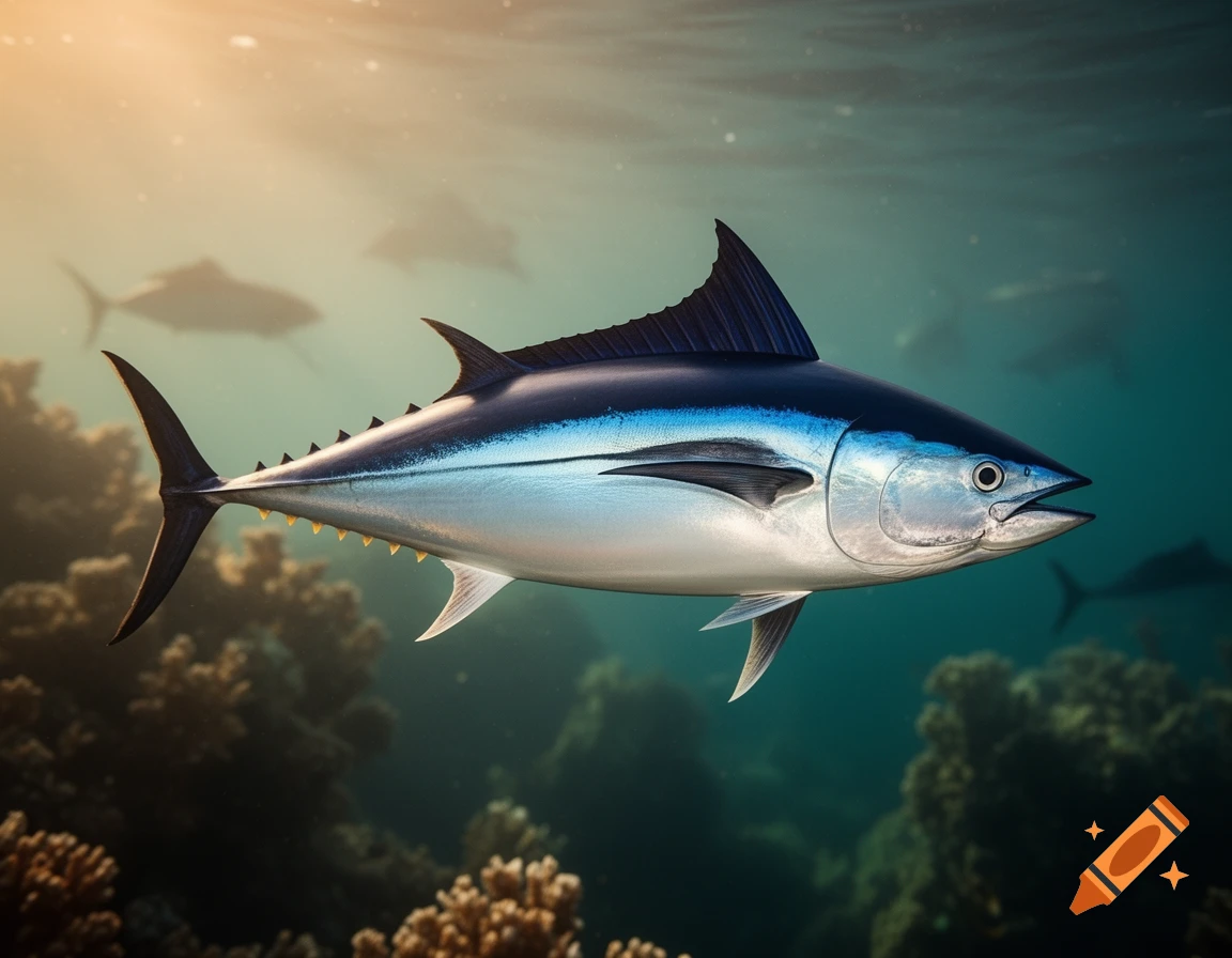 A photorealistic image of a bluefin tuna with dark blue, silver, and metallic light blue coloring, swimming in clear ocean water above coral, with other fish in the blurry background and sunlight filtering from the surface.