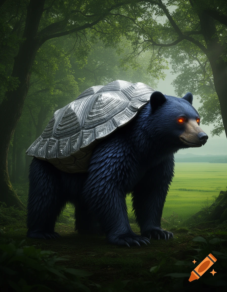 A dark blue bear-like creature with a textured metallic turtle shell and glowing red eyes stands in a lush green forest.