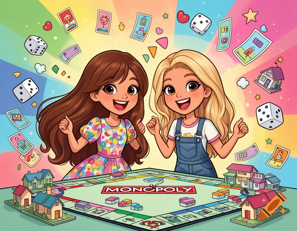Two cartoon girls, one with brown hair in a colorful dress and one with blonde hair in overalls, smile excitedly over a Monopoly board filled with houses, hotels, and money, set against a rainbow background.