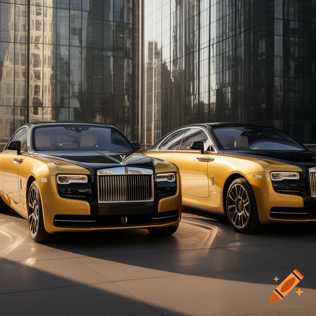 Two gold and black Rolls-Royce Spectre cars are parked in front of a modern glass skyscraper, bathed in sunlight.