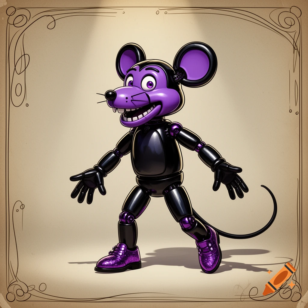 A shiny purple-faced black mouse animatronic with a big grin, purple shoes, and black gloves, in a 1930s rubber hose cartoon style.