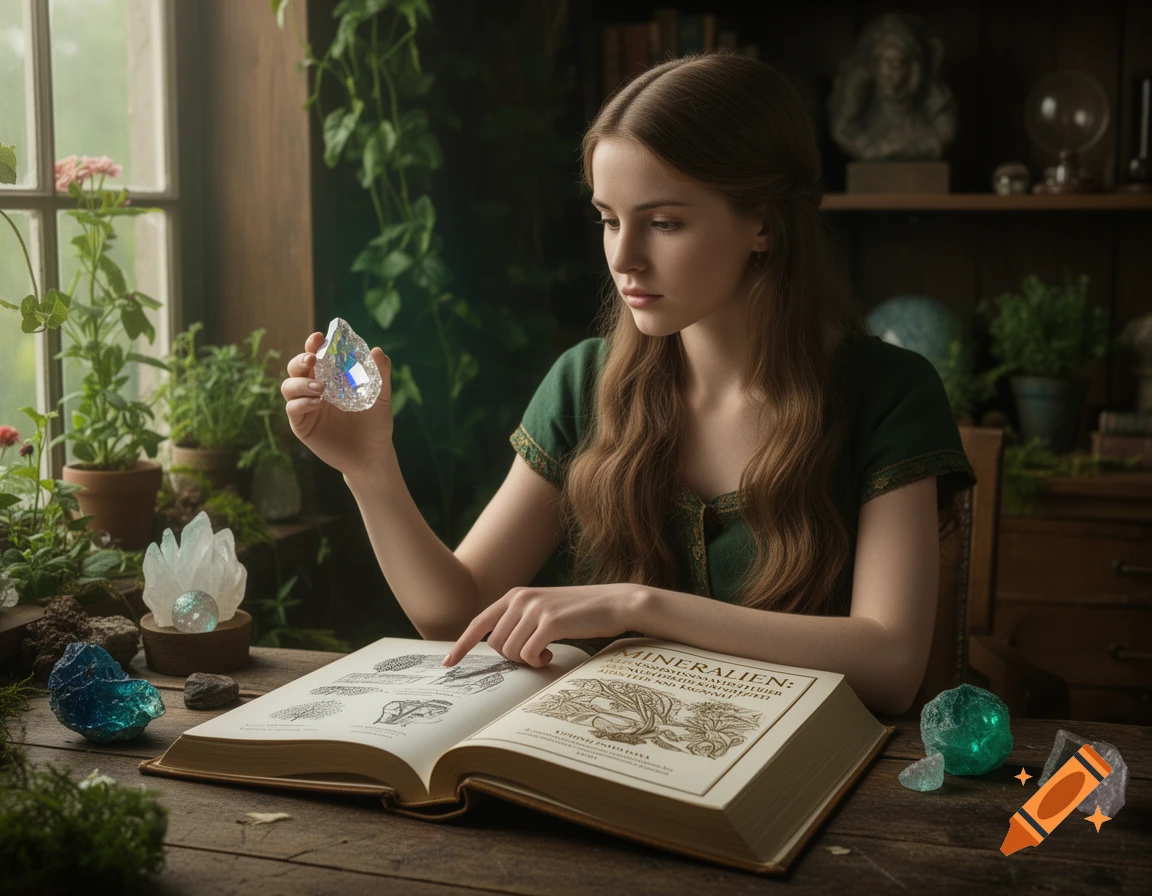 A young woman in a green dress holds a clear crystal, looking down at an open book titled 'MINERALIEN' on a wooden desk. Various other crystals and plants are around her.