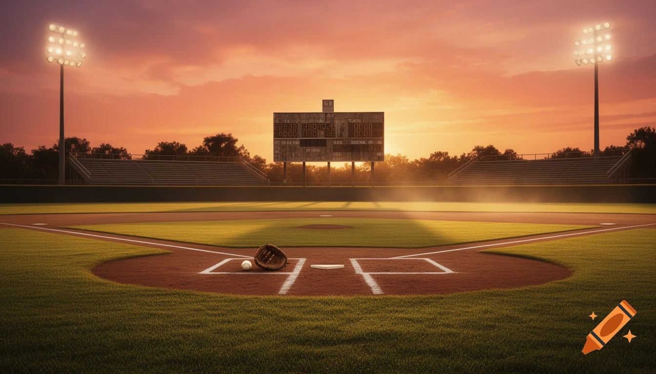 A baseball field at sunset with a scoreboard, stadium lights, a glove, and a ball near home plate.