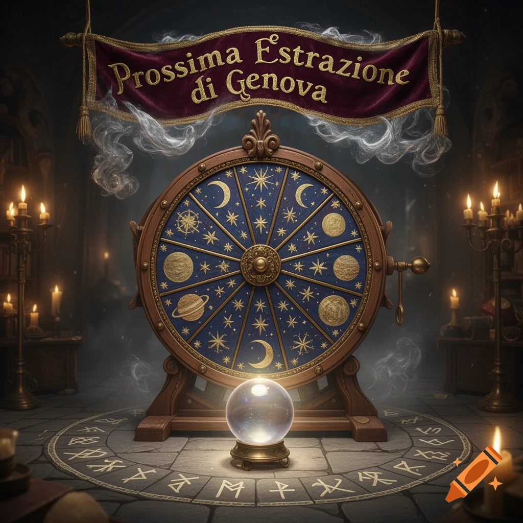 A mystical fortune wheel with celestial designs, a glowing crystal ball, and lit candles in a dimly lit room, with a banner that reads "Prossima Estrazione di Genova".