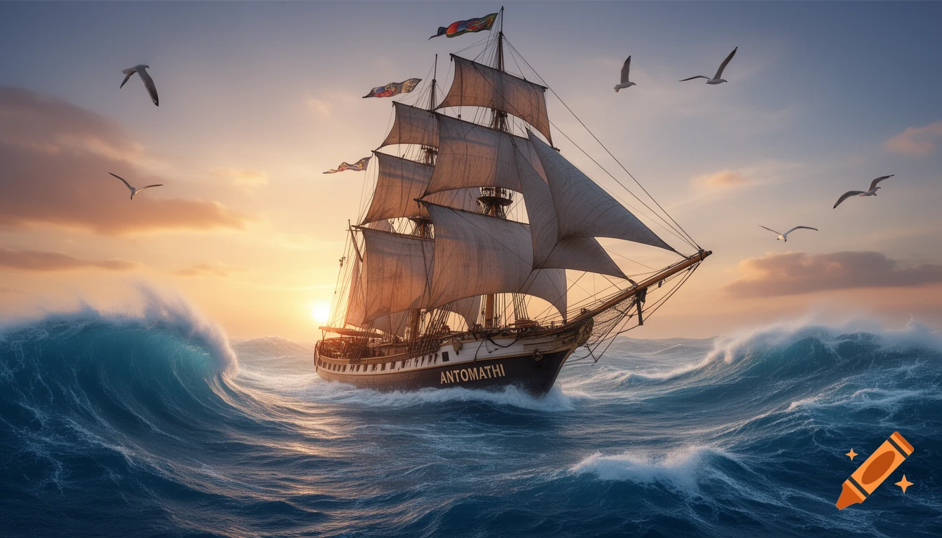 A majestic photorealistic sailing ship with full sails navigates high waves at sunrise, with seagulls flying.