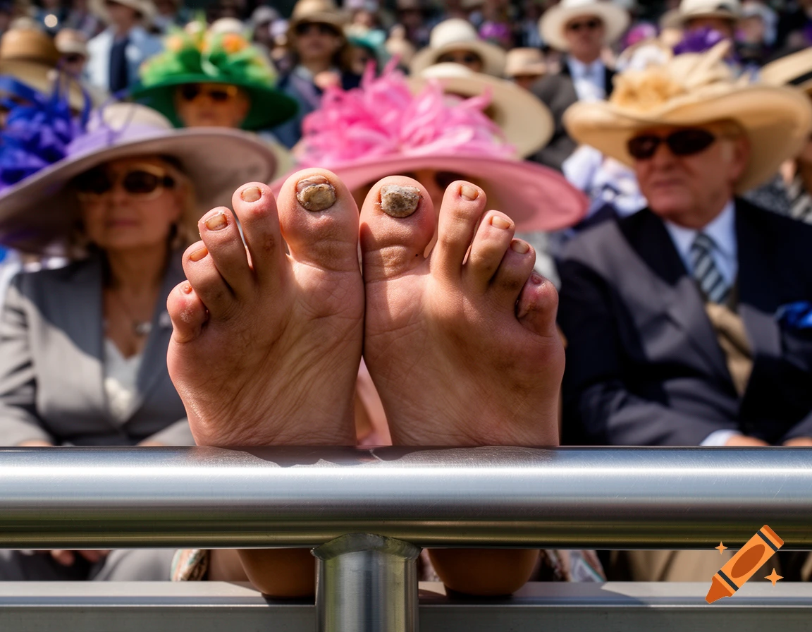 Close-up of bare feet with discolored and deformed toenails resting on a metal rail, with people in large hats blurred in the background.