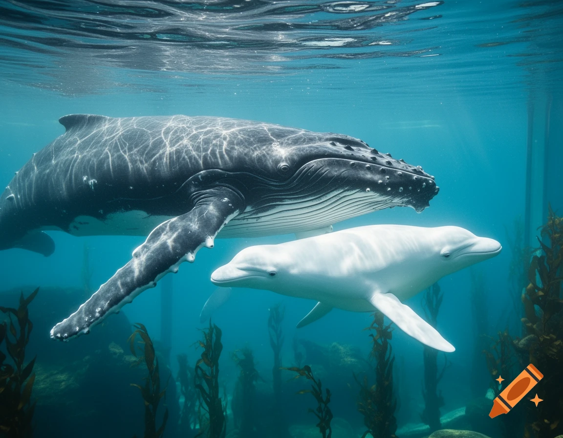 A large humpback whale swims alongside a white beluga whale underwater amidst kelp, photorealistic.
