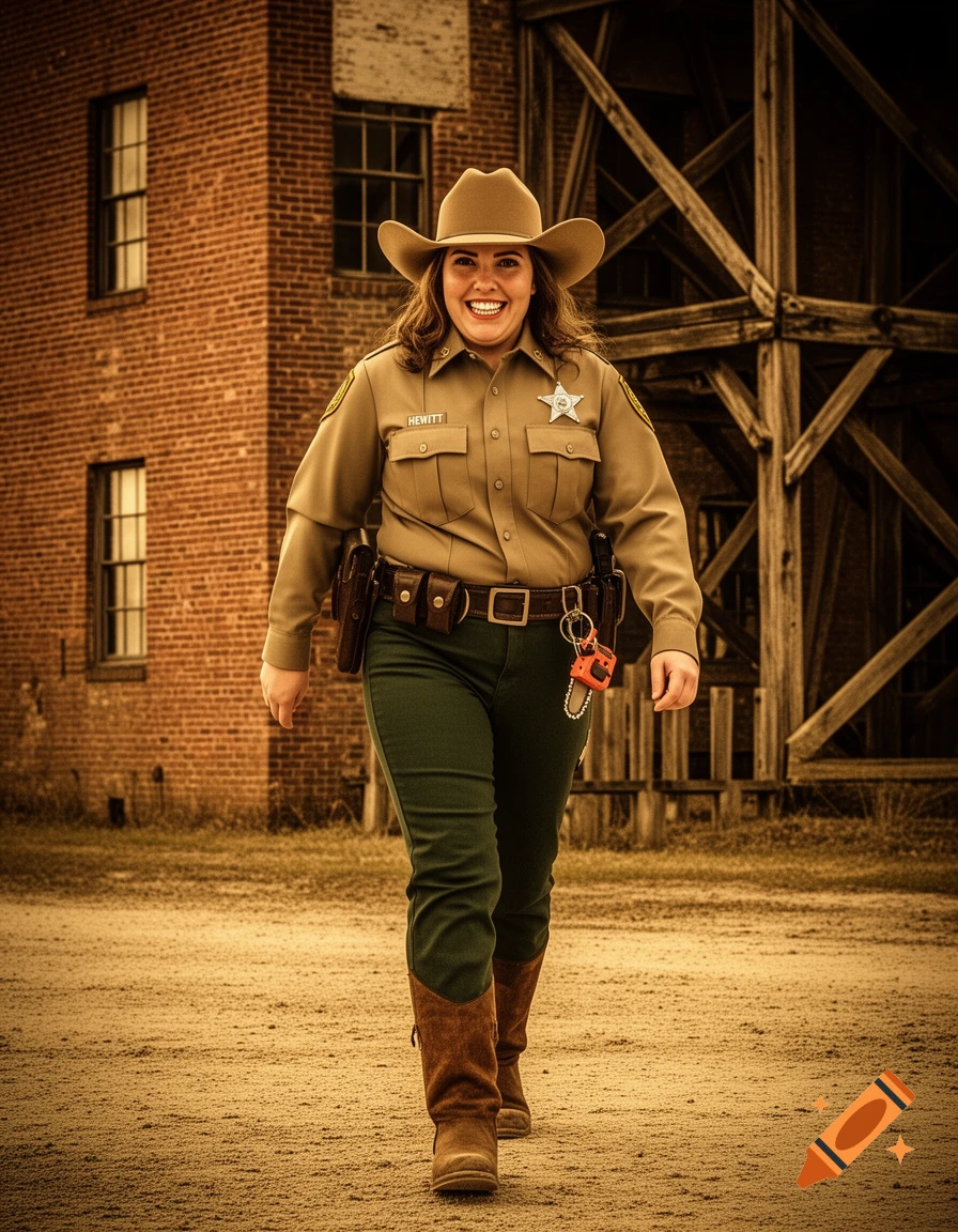 A smiling female sheriff in a tan uniform and cowboy hat walks forward on a dirt road, with a brick building and wooden structure in the background, in a photorealistic style.