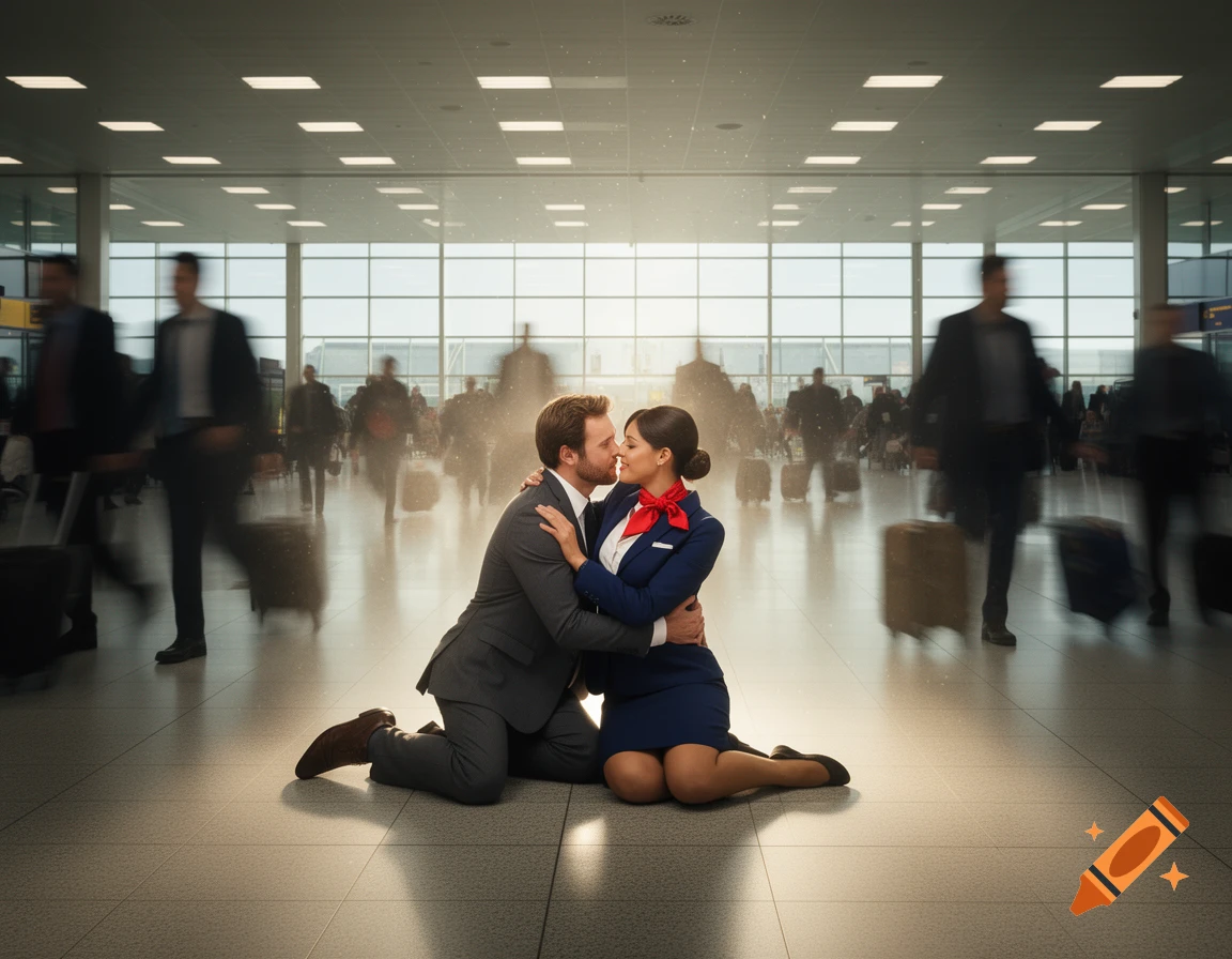 A businessman kisses a flight attendant on the floor of a busy, sunlit airport terminal as blurred travelers walk by.