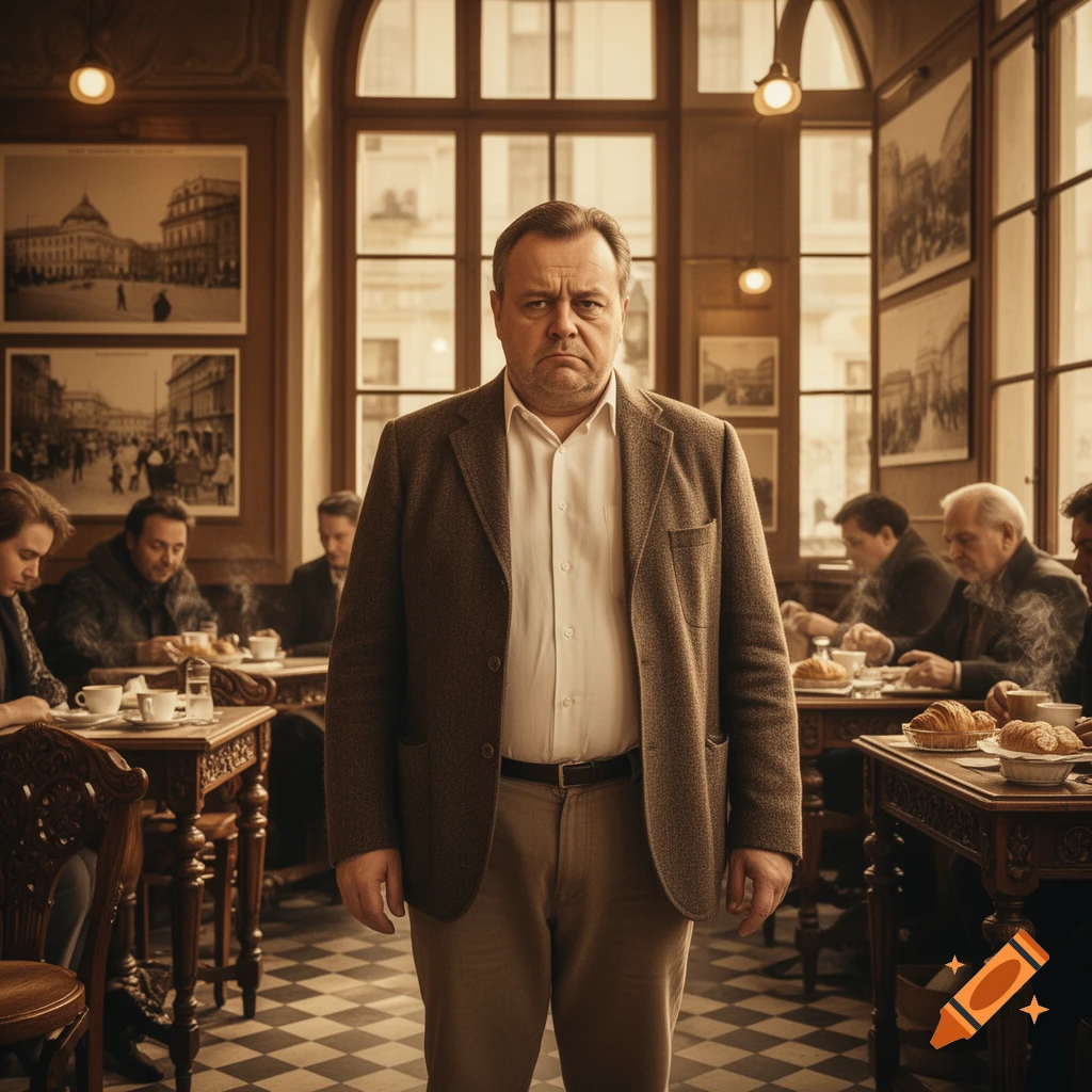 A stout, grumpy, middle-aged man in a brown jacket stands in a warmly lit, sepia-toned cafe with large windows and patrons.