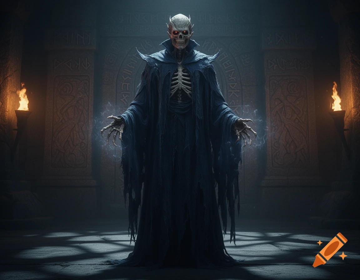 A skeletal, vampiric lich in a dark cloak with glowing red eyes stands in a rune-carved dungeon, radiating power.