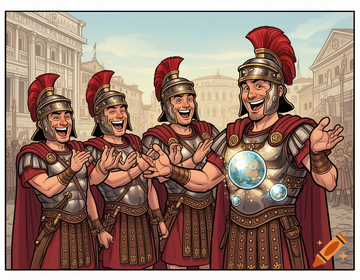 Four laughing Roman legionaries, including a Zenturio with glowing orbs on his chest armor, wave and clap in a comic style in a city street.