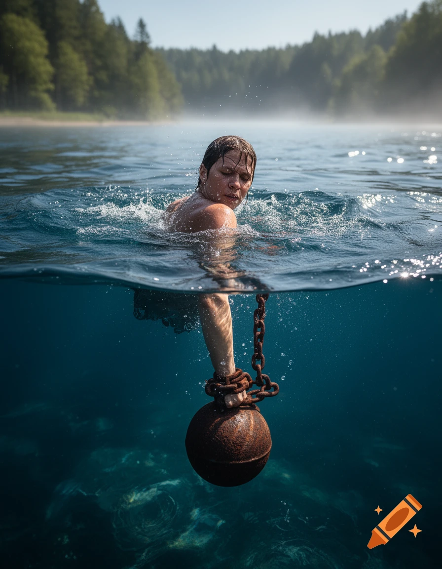A person swims in a clear lake, struggling with a rusty ball and chain tied to their wrist, against a forested background.