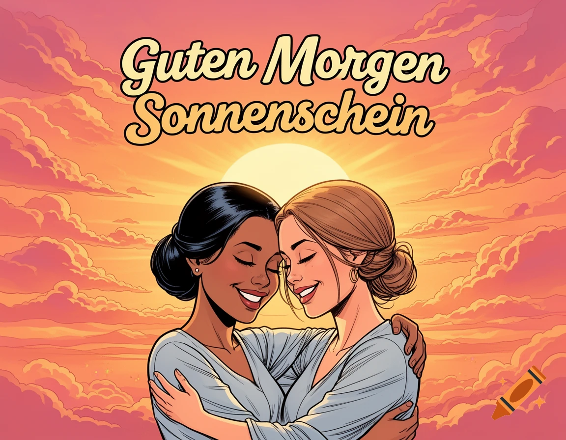 Comic illustration of two women embracing at sunrise with "Guten Morgen Sonnenschein" text.