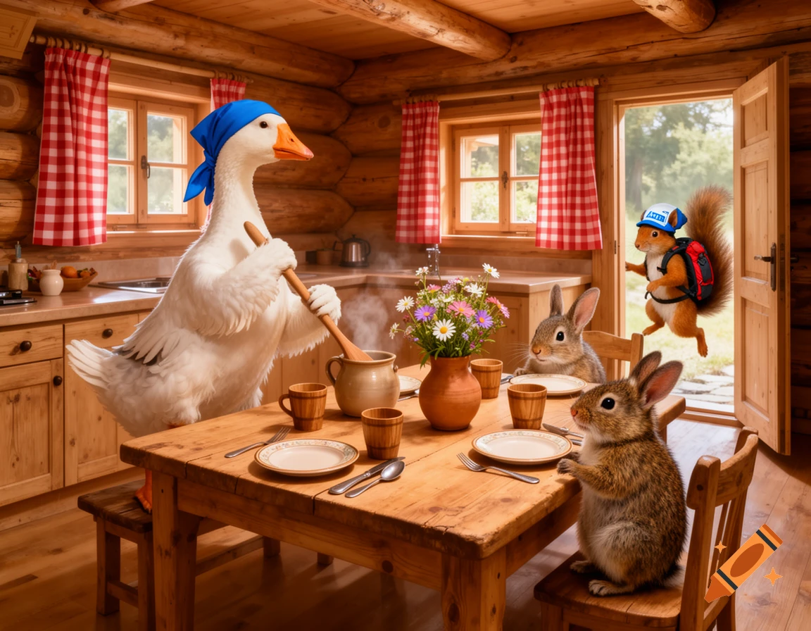 A goose in a blue headscarf cooks in a log cabin kitchen with two rabbits at the table, as a squirrel enters.