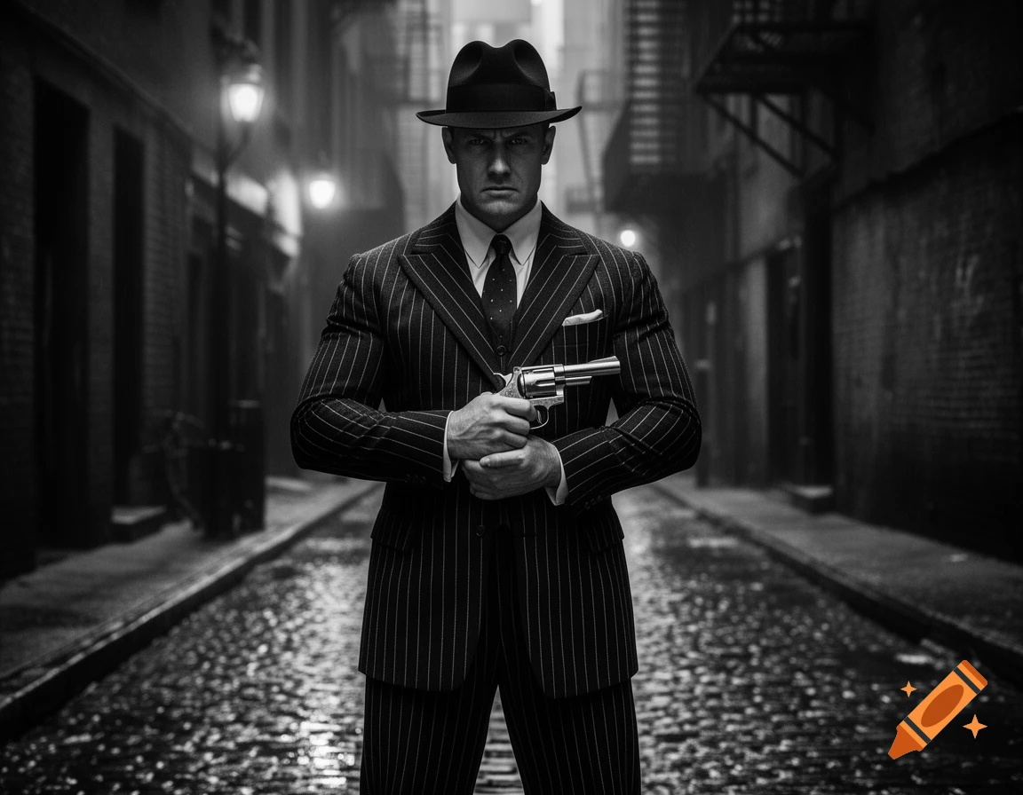 A serious man in a pinstripe suit and fedora stands in a dark, wet alley, holding a revolver. Black and white, noir style.