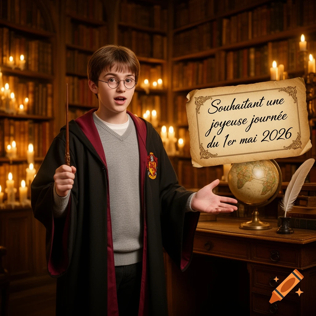 A boy dressed as Harry Potter with a wand stands in a candlelit library, next to a scroll with a French greeting.