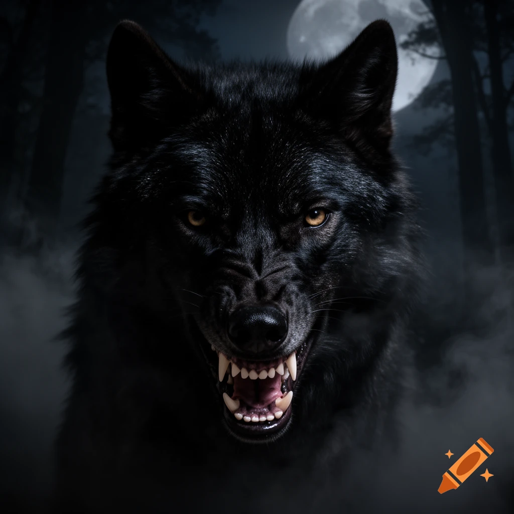 Close-up of a snarling black wolf with bared teeth and yellow eyes in a dark, misty forest under a full moon.