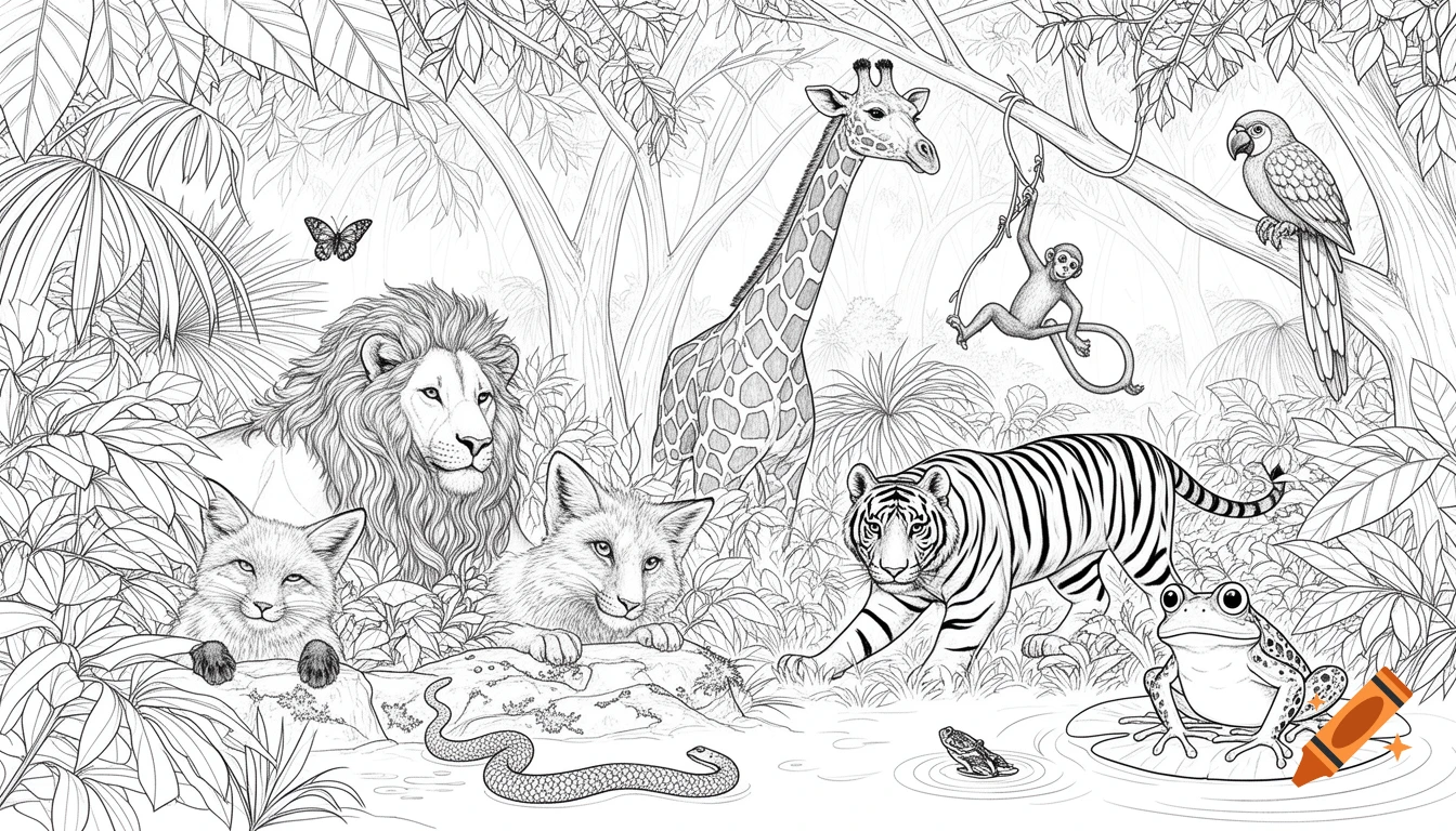 Black and white line art coloring page of a lush tropical jungle scene with various animals including a lion, tiger, giraffe, and monkey.