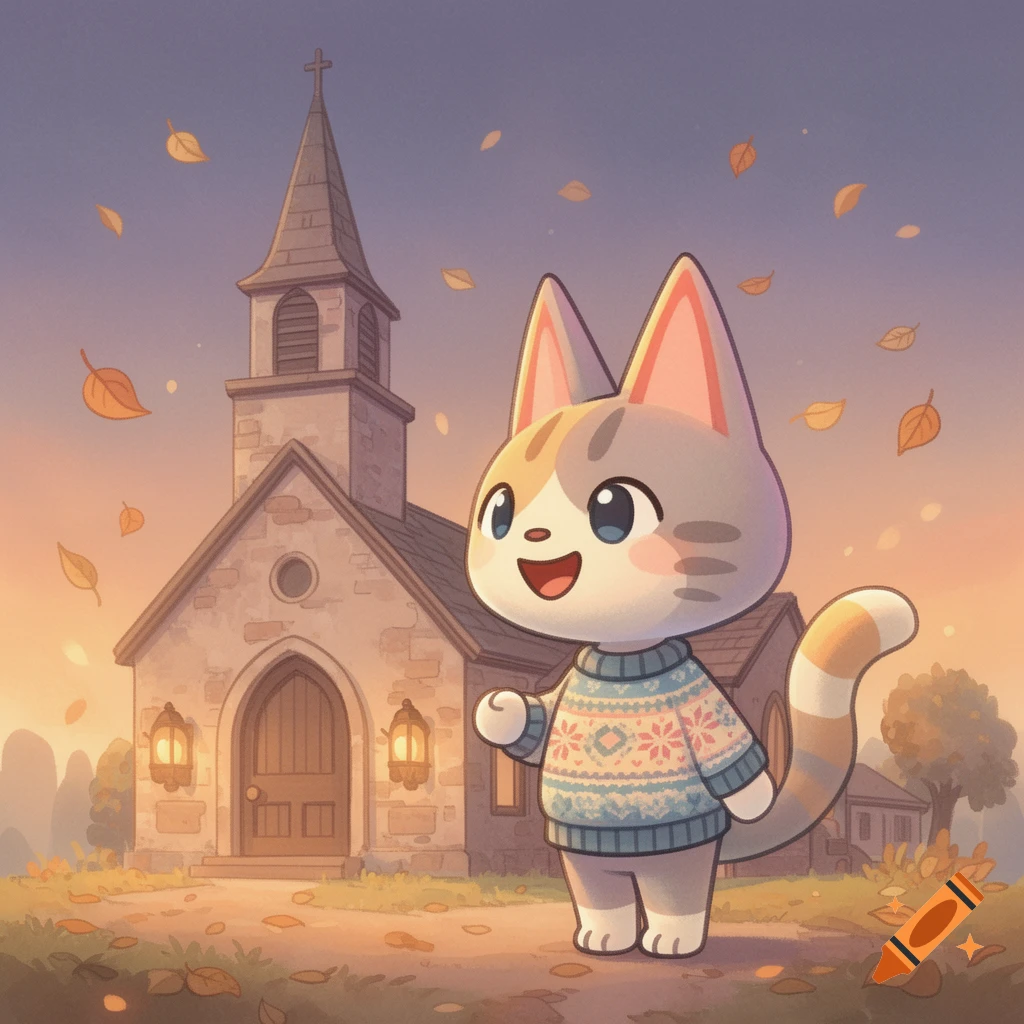 A cute cat character from Animal Crossing stands in a festive sweater in front of a church with falling autumn leaves.