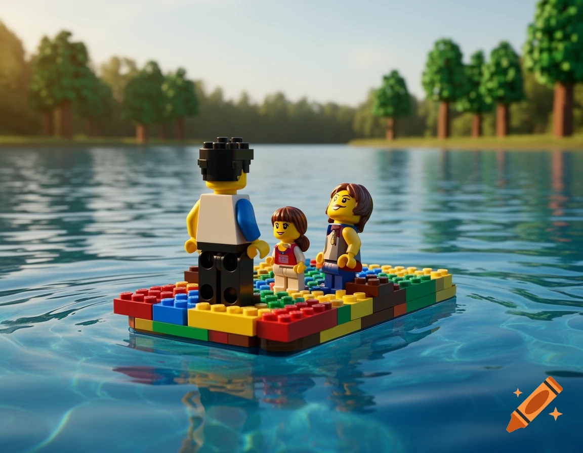 Three Lego figures, an adult and two children, float on a colorful raft in a lake, looking left, with trees in the background.