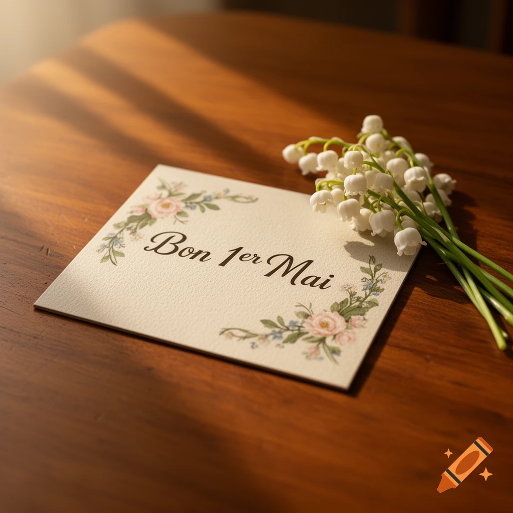 A white greeting card with "Bon 1er Mai" and floral illustrations, next to a bouquet of white lily of the valley flowers on a wooden table.