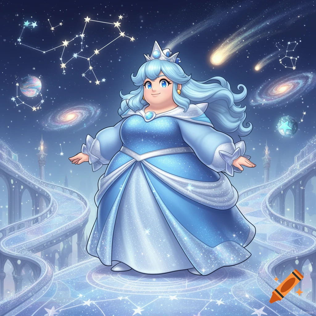 A cartoon-style, plus-size princess resembling Rosalina, wearing a sparkling blue gown and crown, against a cosmic background.