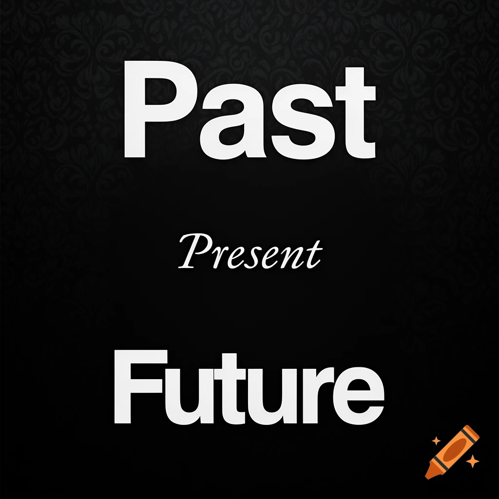 White bold 'Past' and 'Future' words, with smaller italic 'Present' in the middle, on a dark patterned background.
