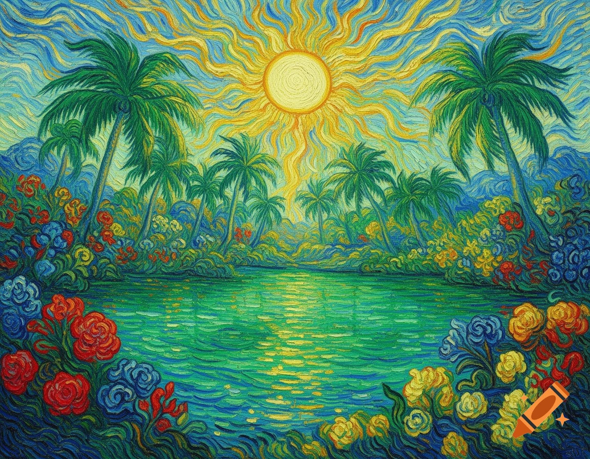 Van Gogh style painting of a vibrant tropical paradise with a bright sun, palm trees, and colorful flowers around water.