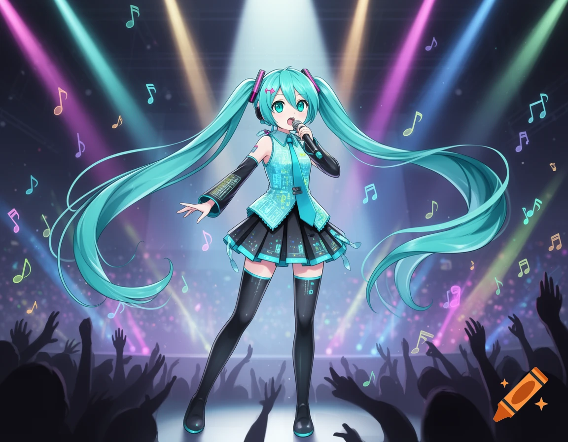 Hatsune Miku, an anime character with long turquoise pigtails, sings on a stage illuminated by colorful spotlights with a silhouetted audience.