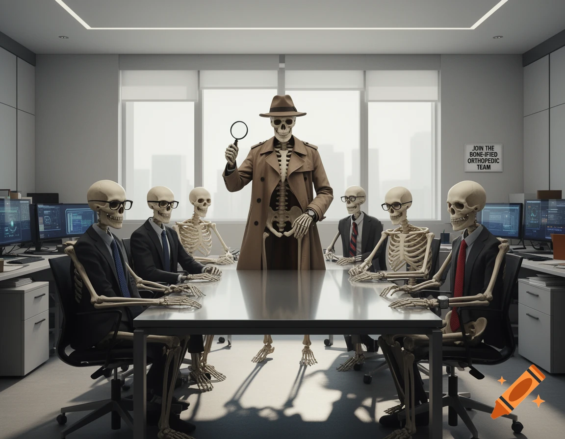 Photorealistic image of skeletons in an office meeting. A detective skeleton stands, others in suits sit at a table.