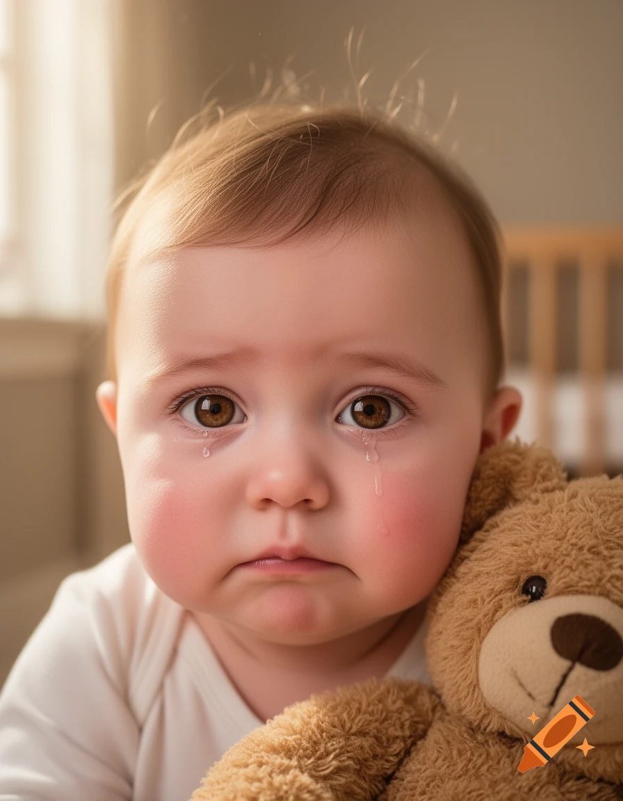 A photorealistic image of a sad baby crying and holding a brown teddy bear.