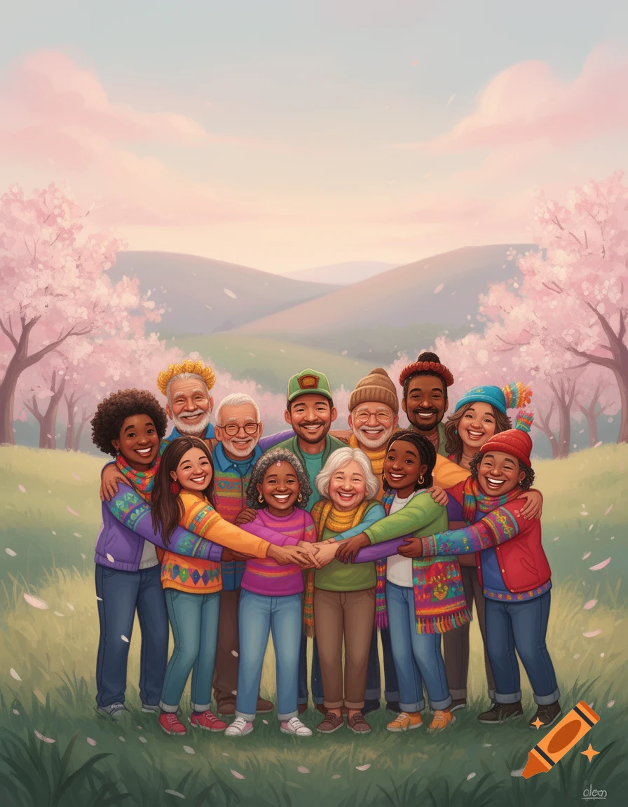 An illustration of a diverse, smiling group of people embracing in a cherry blossom park with hills under a pink sky.
