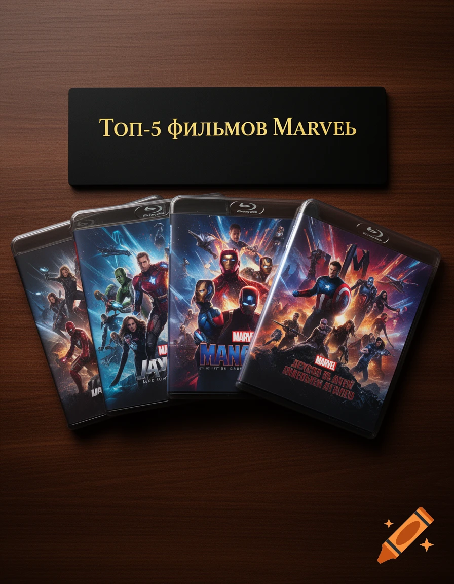 A flat lay of four Marvel movie Blu-ray cases and a black sign with "Топ-5 фильмов Marvel" in gold text on a wooden table.
