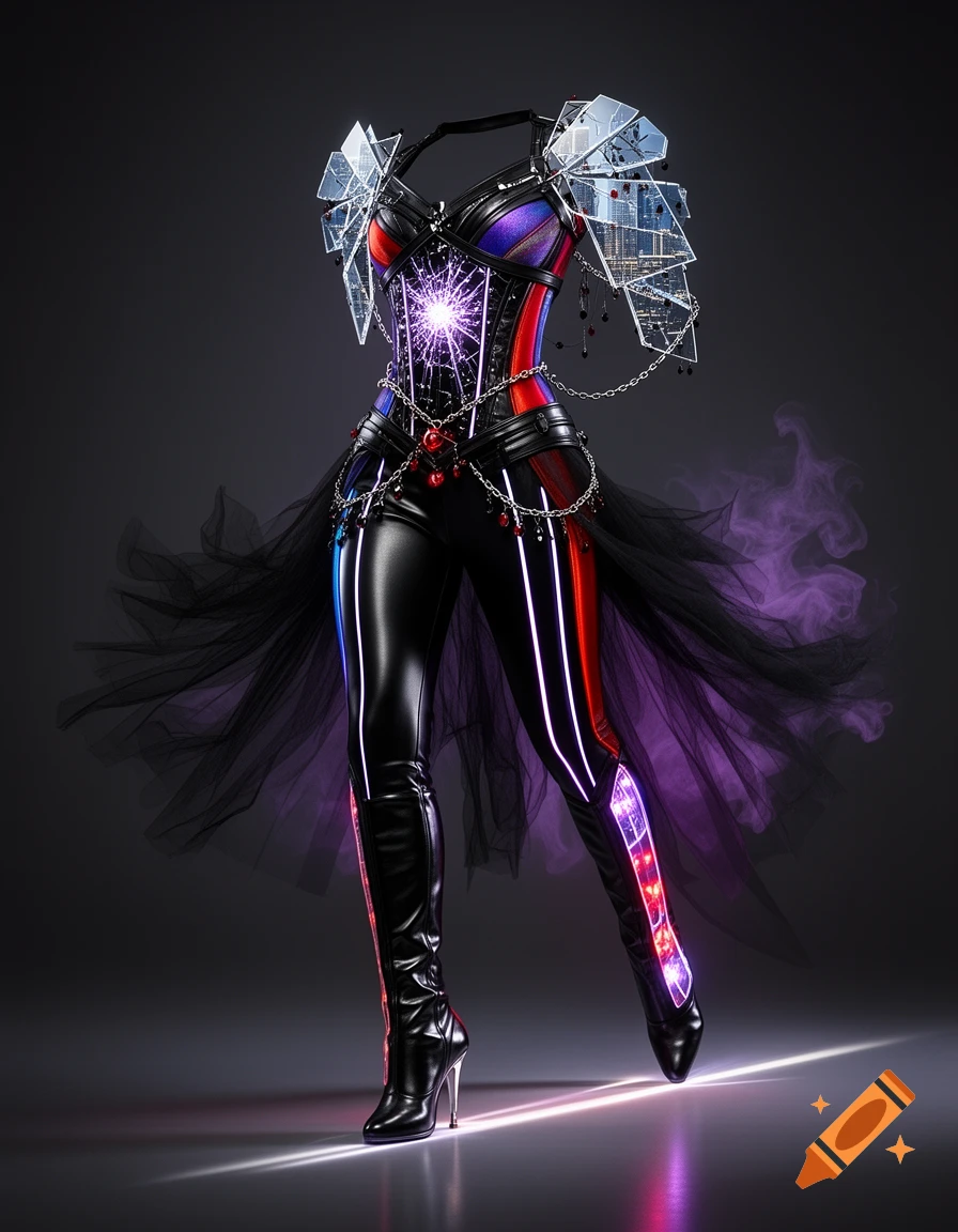 Cyberpunk costume on headless mannequin featuring a red, purple, and black corset with glowing neon lines, chains, city-reflecting shoulder plates, and thigh-high boots.