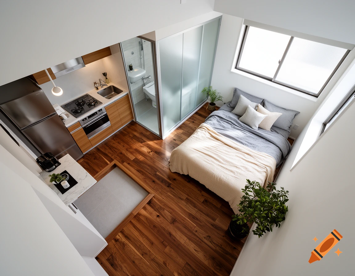 Overhead view of a modern studio apartment with a kitchen, a bed with gray and beige bedding, and a small bathroom.