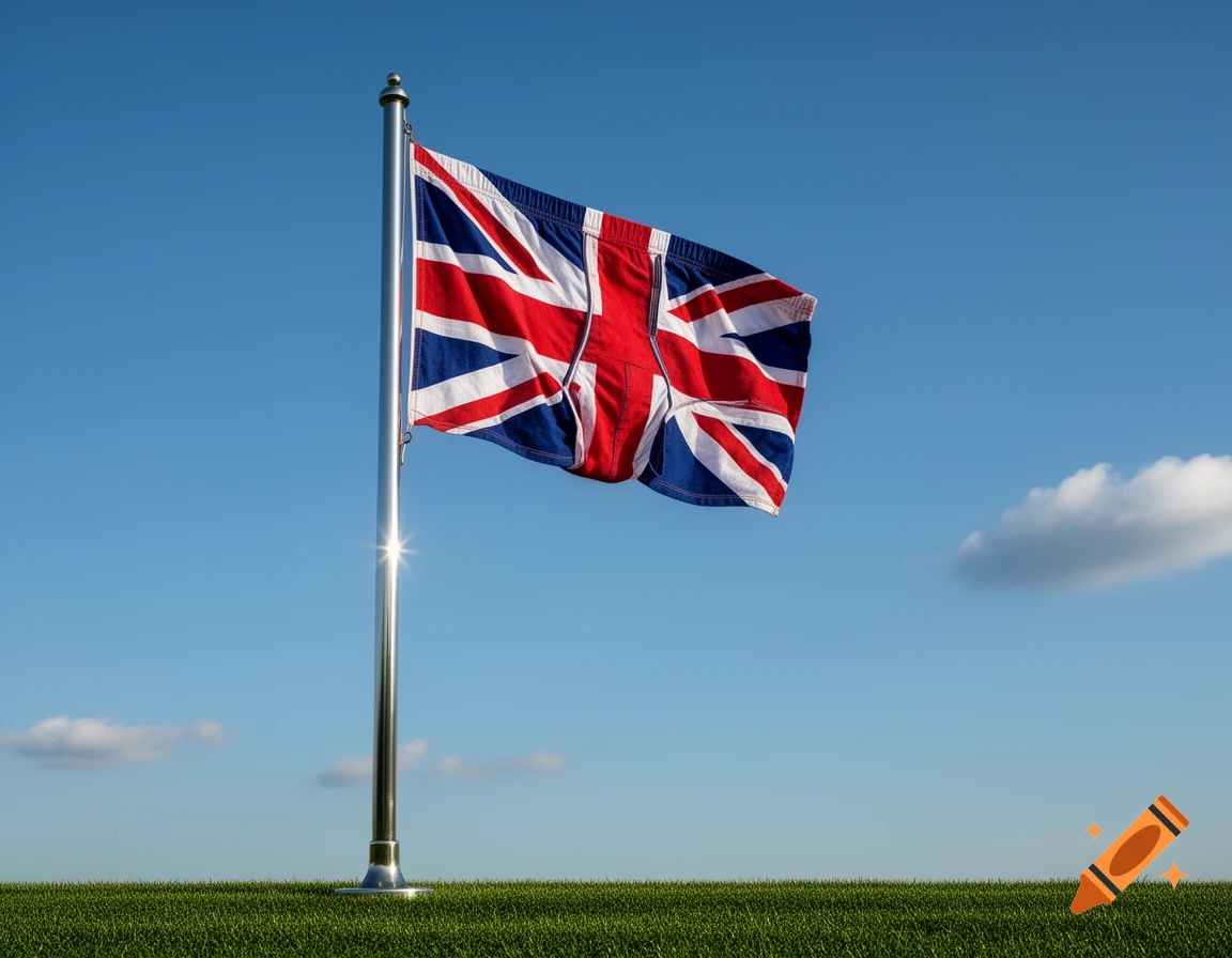 Union Jack patterned underpants wave from a flagpole against a blue sky with green grass below.