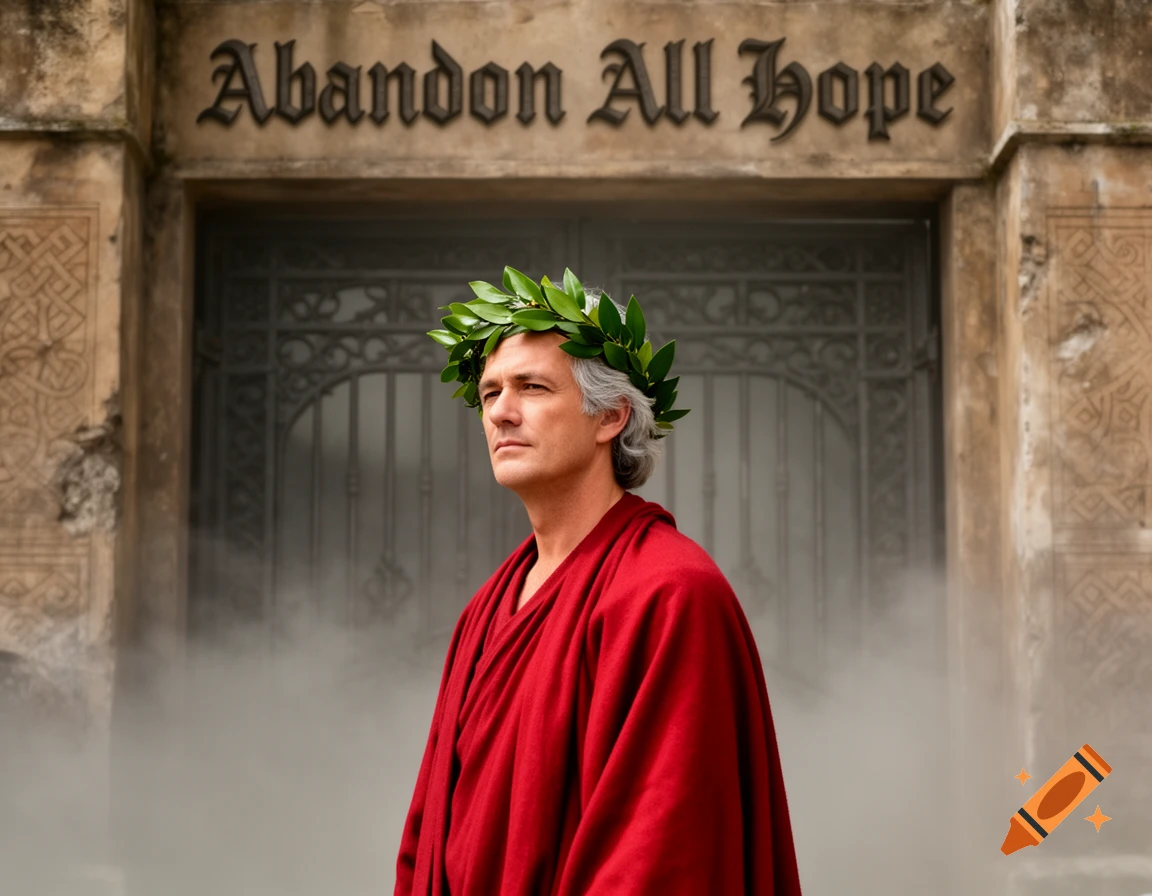 A man with gray hair and a laurel wreath wears a red toga, looking left, standing in mist before a dark gate with 'Abandon All Hope' written above it.