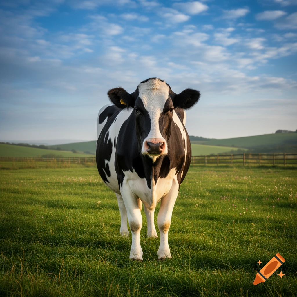 A black and white cow stands in a green field under a blue sky. on Craiyon