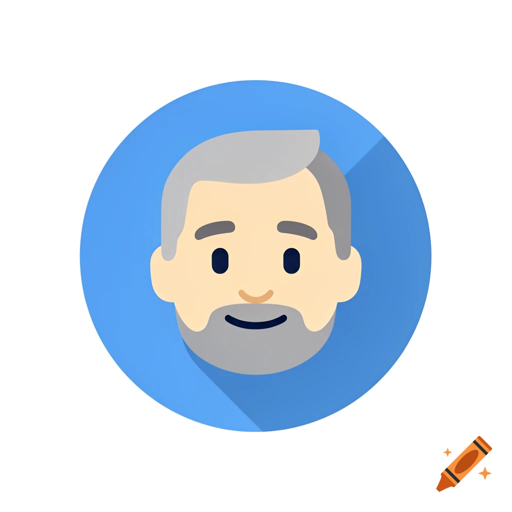 A flat design emoji avatar of an older man with gray hair and a beard, set within a blue circle.