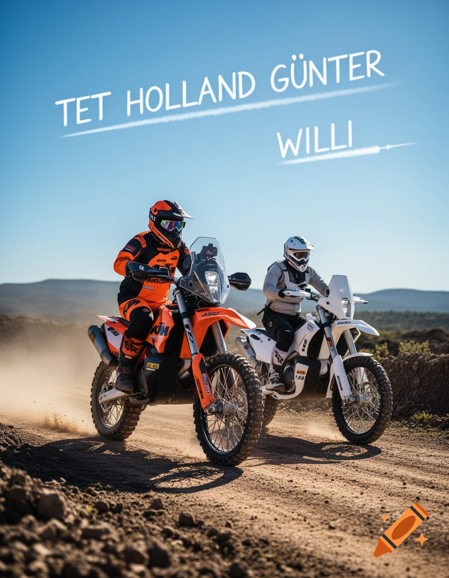 Two motorcyclists on orange and white dirt bikes on a dusty off-road trail. 'TET HOLLAND GÜNTER WILLI' is skywritten above.