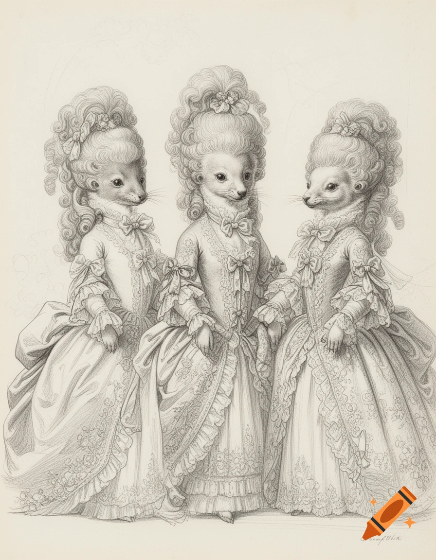 Three anthropomorphic weasel-like creatures in elaborate Rococo dresses and powdered wigs, depicted as a detailed pencil drawing.