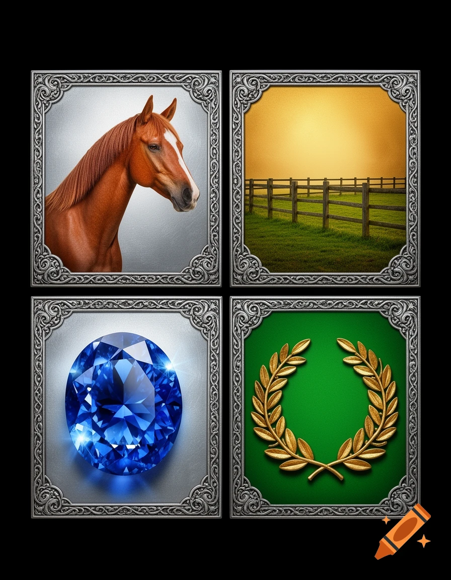 Four square images in ornate silver frames: a brown horse, a paddock at sunset, a blue sapphire, and a golden laurel wreath.