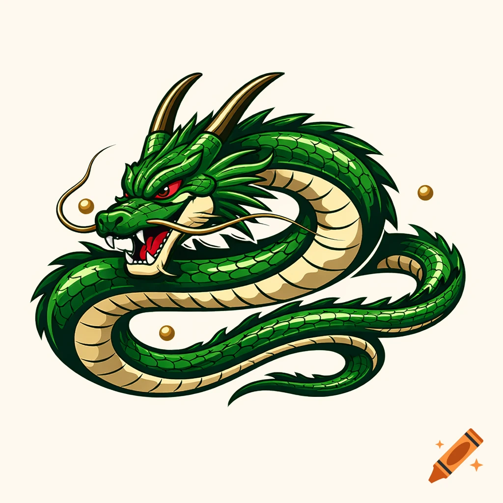 A vibrant green Shenron-like dragon with red eyes and gold horns, stylized like a logo, coiled on a light background.