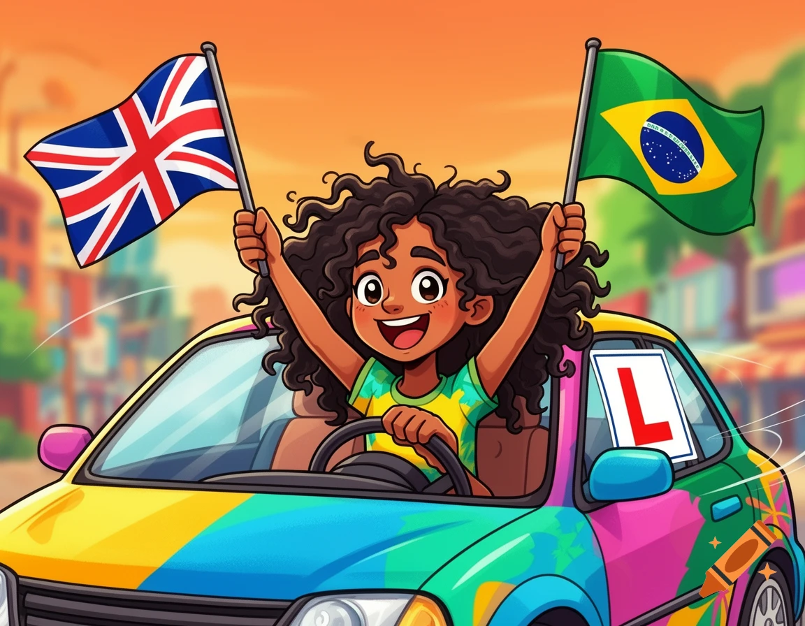 A happy cartoon girl with curly hair drives a colorful car with an L plate, holding up a UK flag and a Brazilian flag.