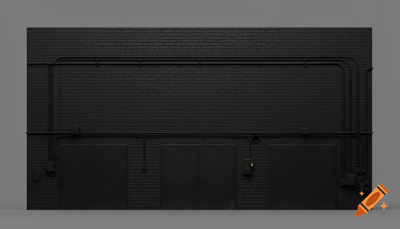 Photorealistic orthographic view of a black industrial brick wall with double doors, pipes, conduits, and electrical panels.