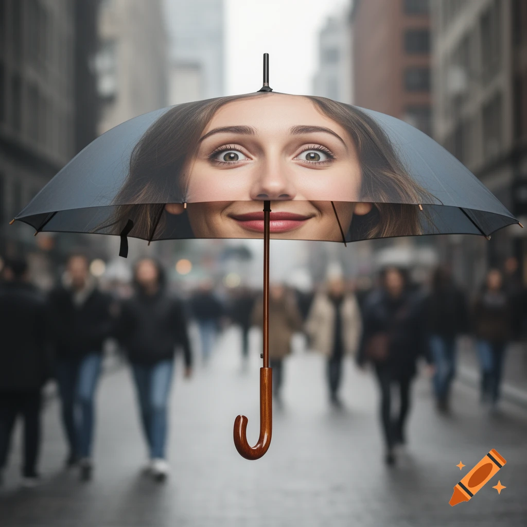 Photorealistic image of a black umbrella with a woman's face printed on it, floating above a blurred city street.