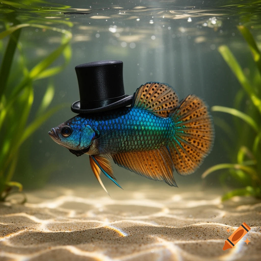 A colorful Betta fish, blue and orange, wears a black top hat while swimming in an aquarium with sandy bottom and green plants.